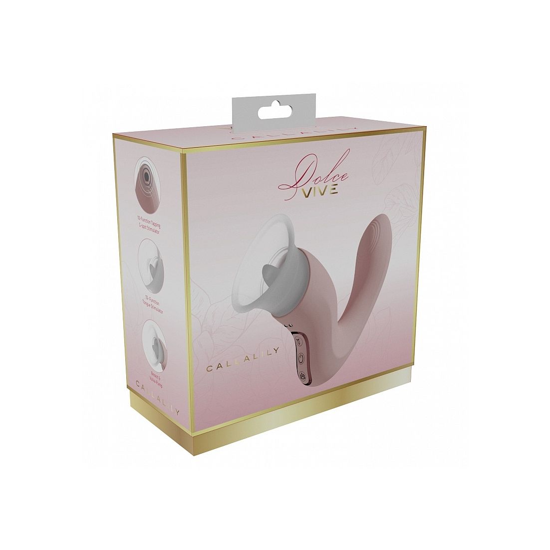 The retail packaging box for the Dolce VIVE Cal Ally personal massager, shown at a three-quarter angle against a plain white background. The box is light pink with gold trim and features an illustration of the product.