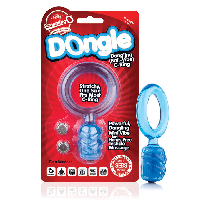 blue jelly cock ring with vibrating testacle massager next to screaming o package