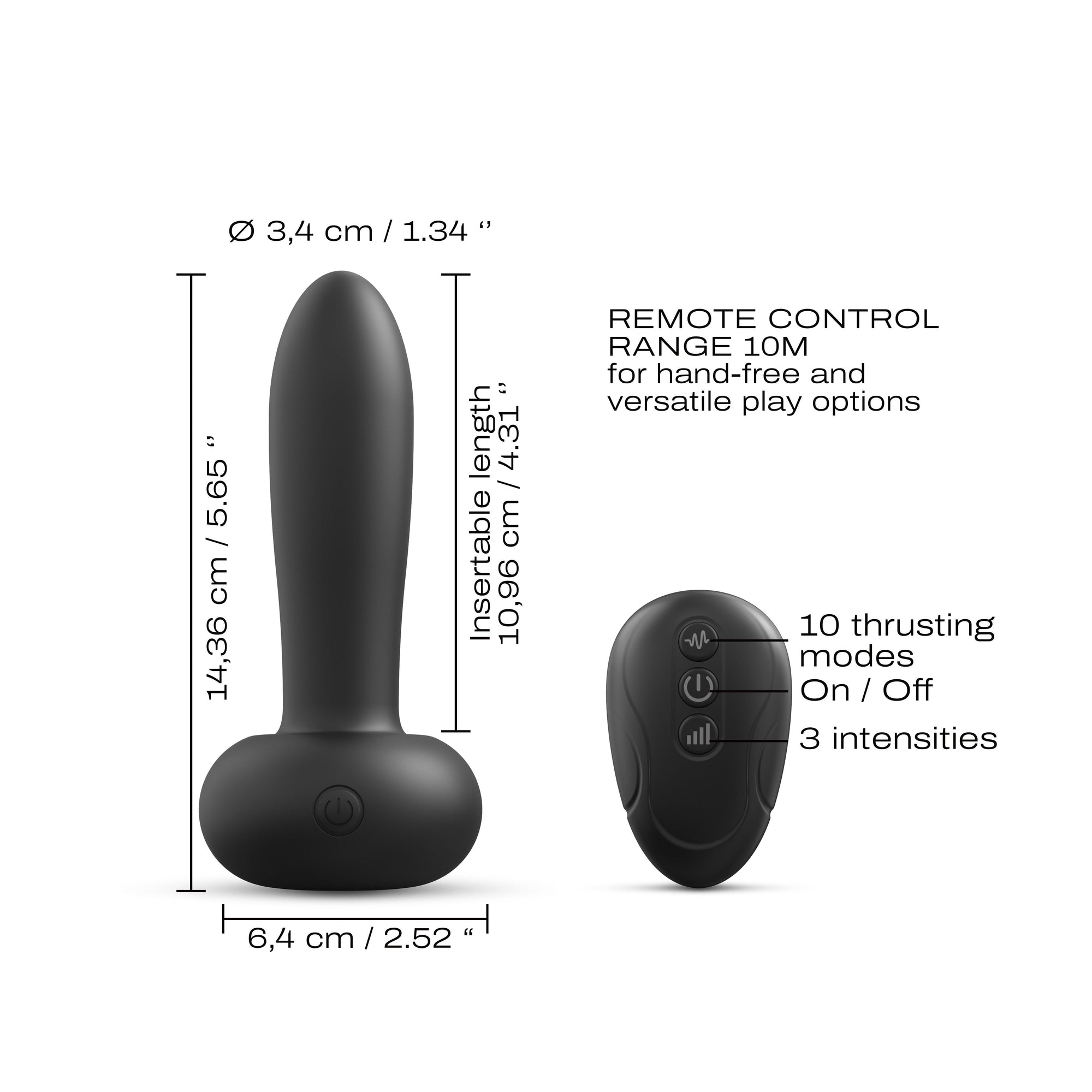 Black silicone adult novelty massager with dimension labels and a remote control shown on a white background. Text includes diameter 3.