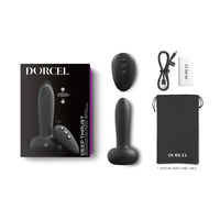 Dorcel product set including packaging, remote control, and carrying case on a white background