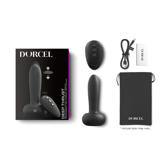 Dorcel product set including packaging, remote control, and carrying case on a white background