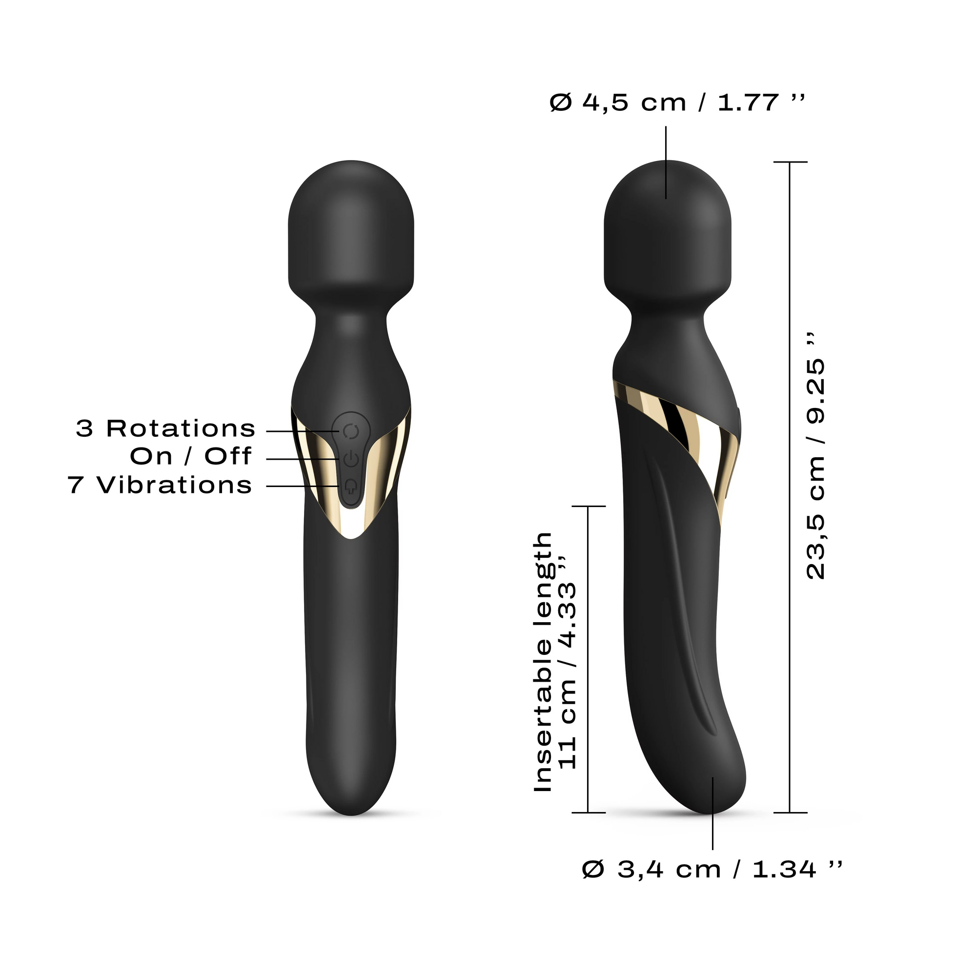 2 double ended vibrator wands in black with gold plating. directions and size chart on white background