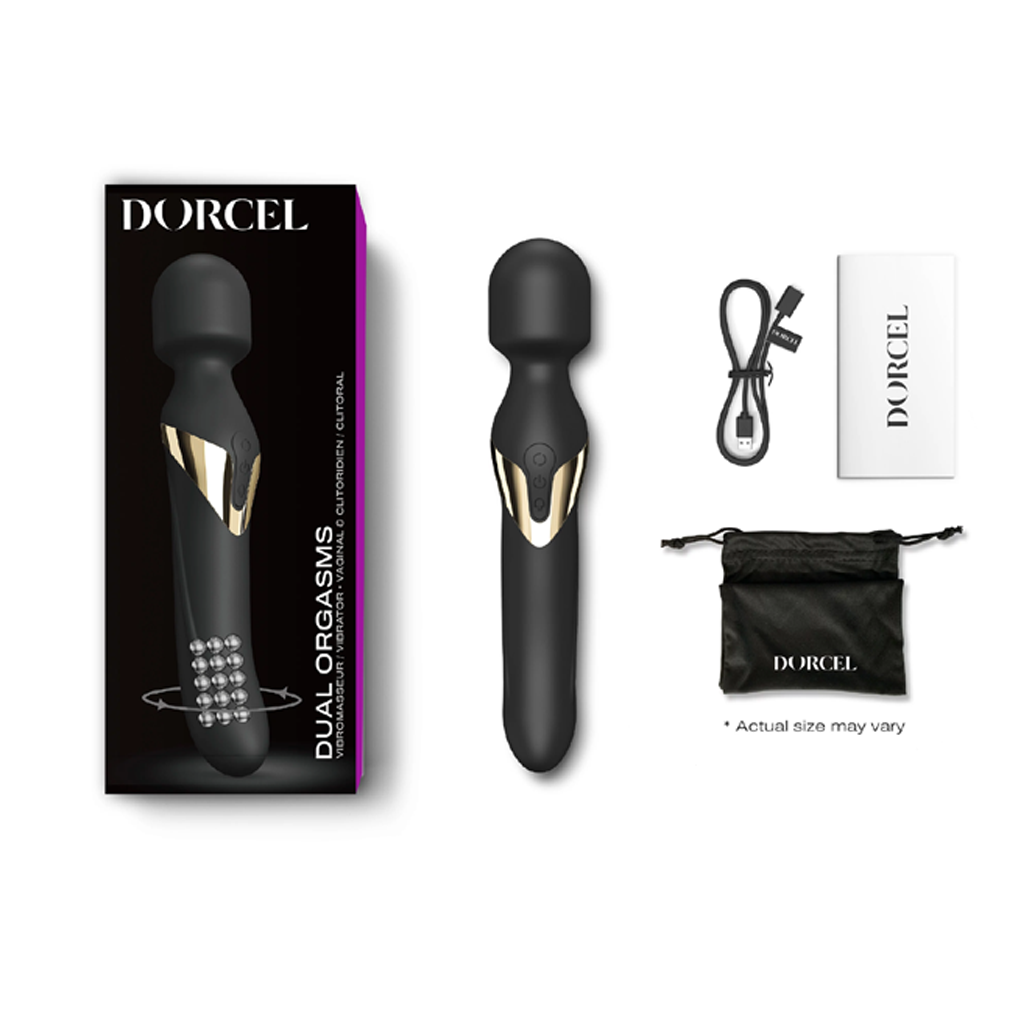 black and gold double ended vibrator wand. with box packaging and accessories shown