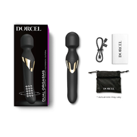 black and gold double ended vibrator wand. with box packaging and accessories shown