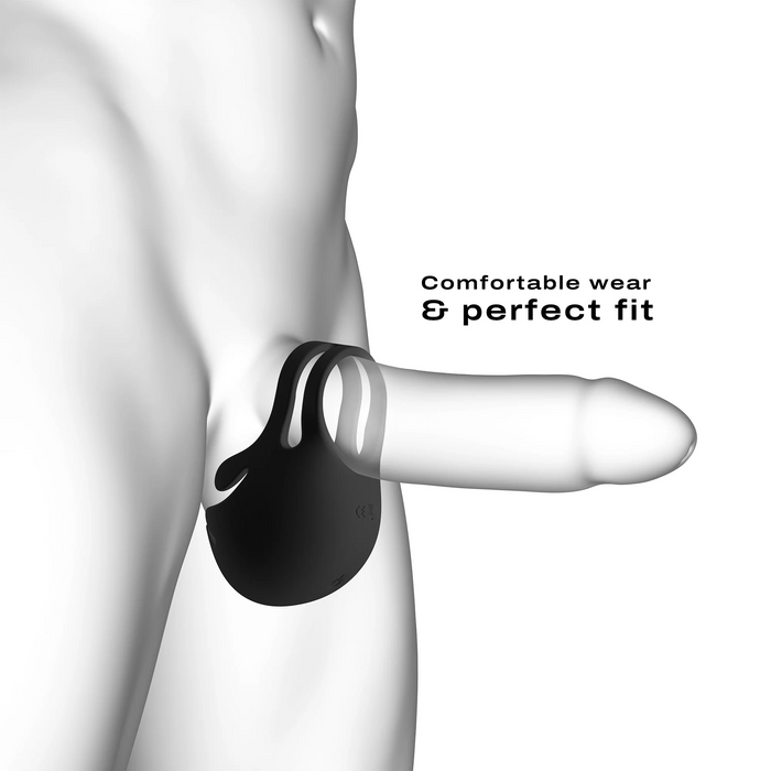 Black cock ring on a white silhouette with 'Comfortable wear & perfect fit' text.