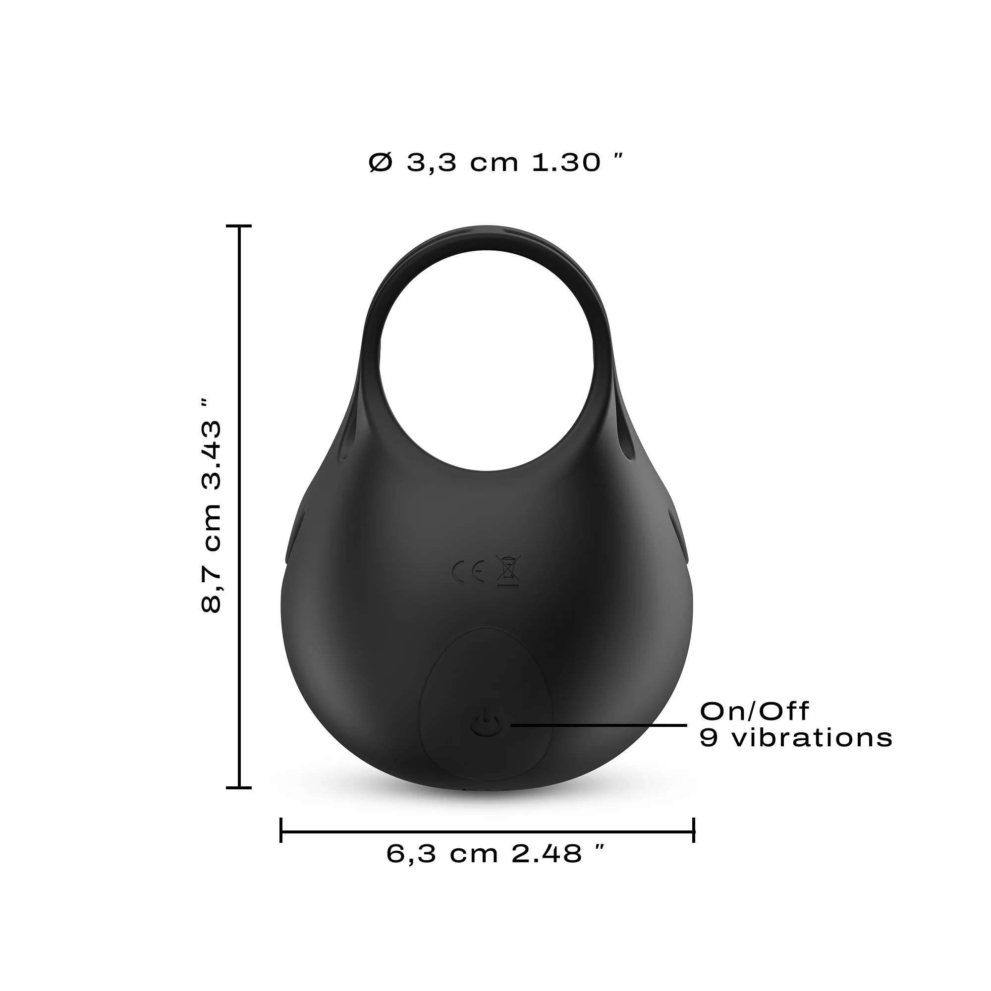 Black device with measurements and features on a white background