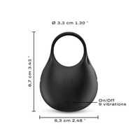 Black device with measurements and features on a white background