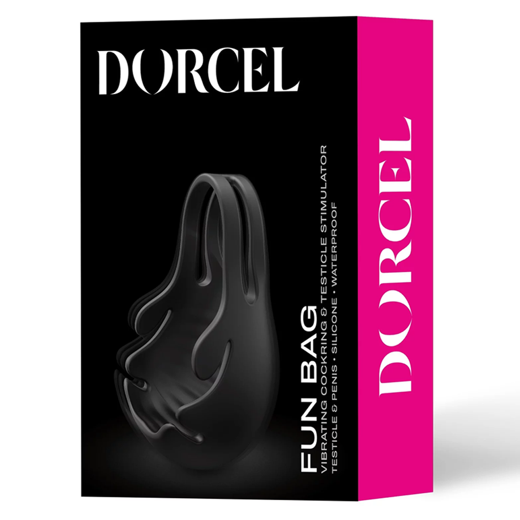 Dorcel Fun Bag packaging with black product and pink and black box on a white background