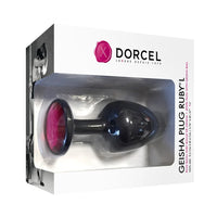 black anal plug with red gem on bottom. on box packaging