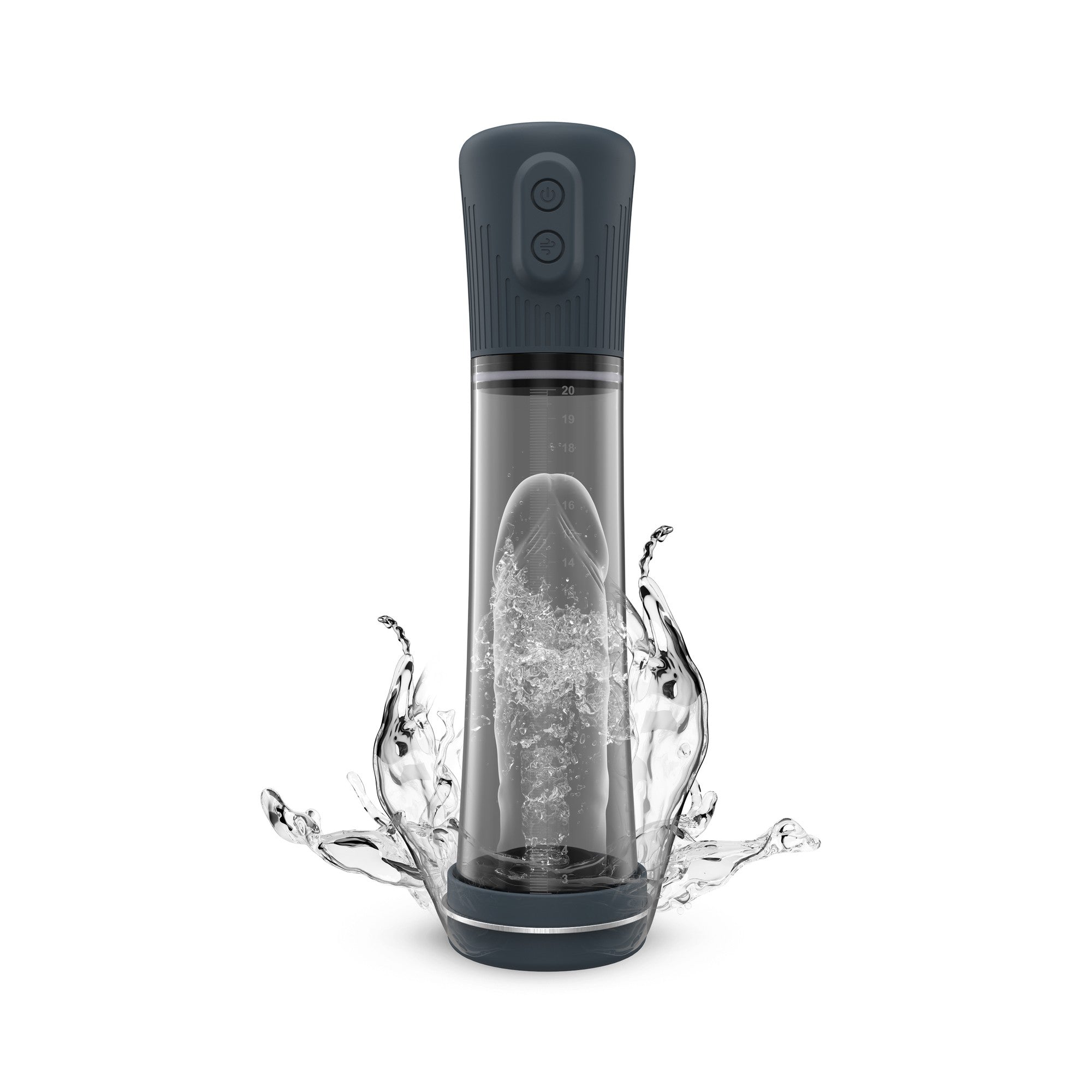 long grey penis pump shown with water action
