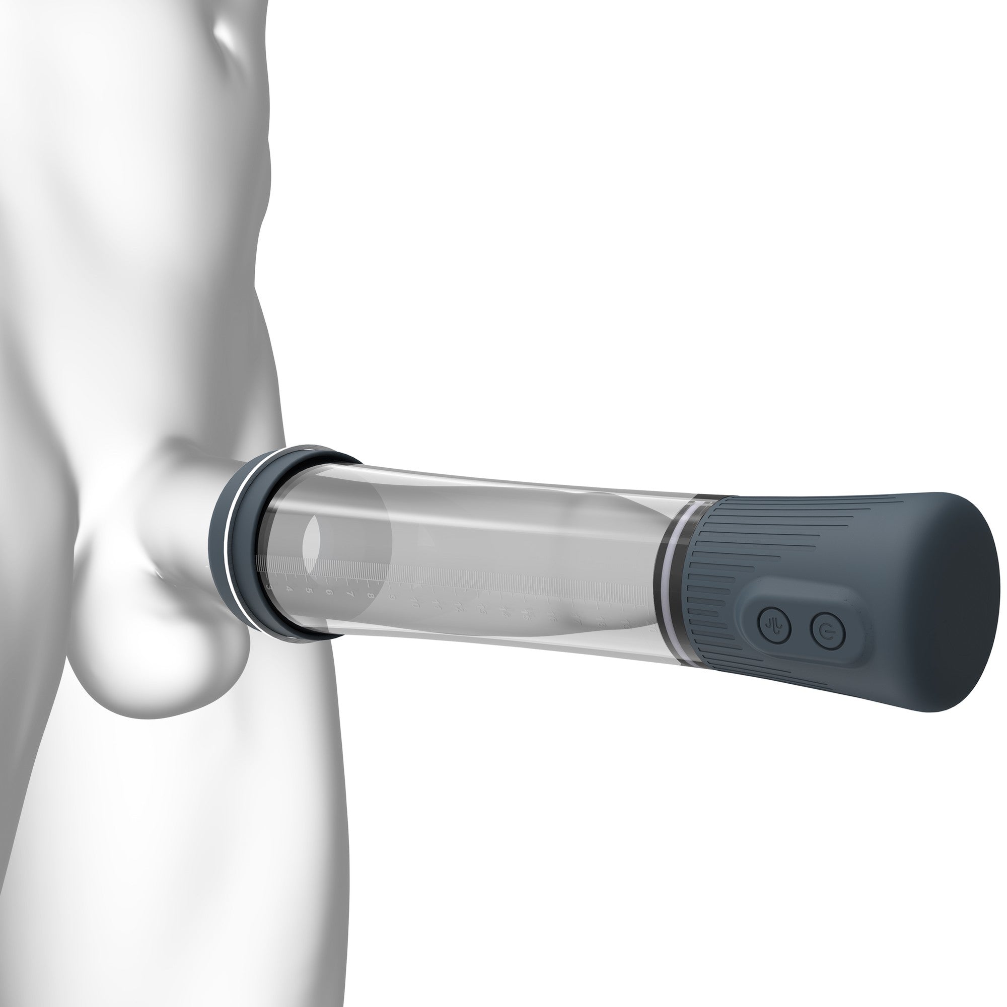 long grey penis pump shown in use
