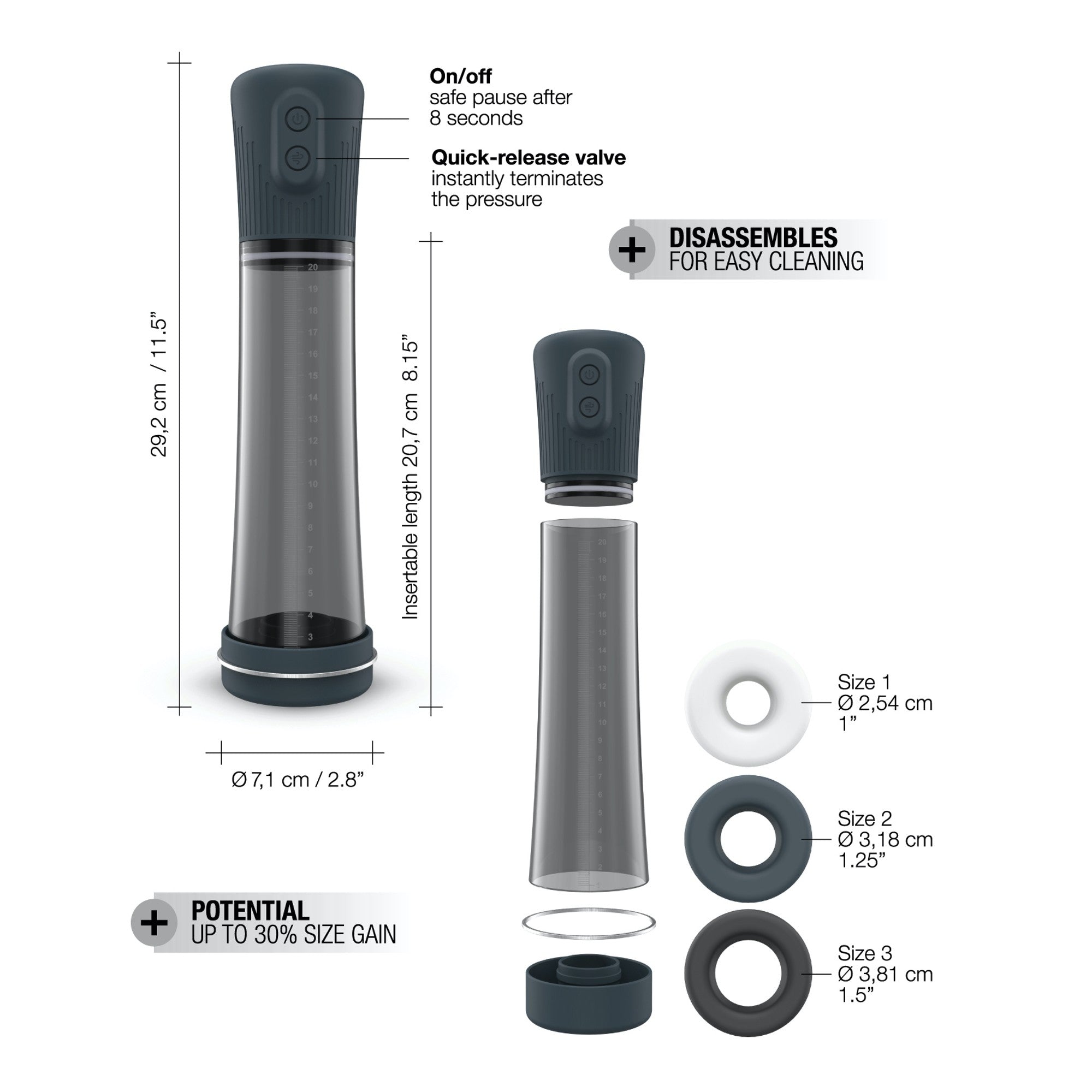 long grey penis pump shown with accessories and size chart