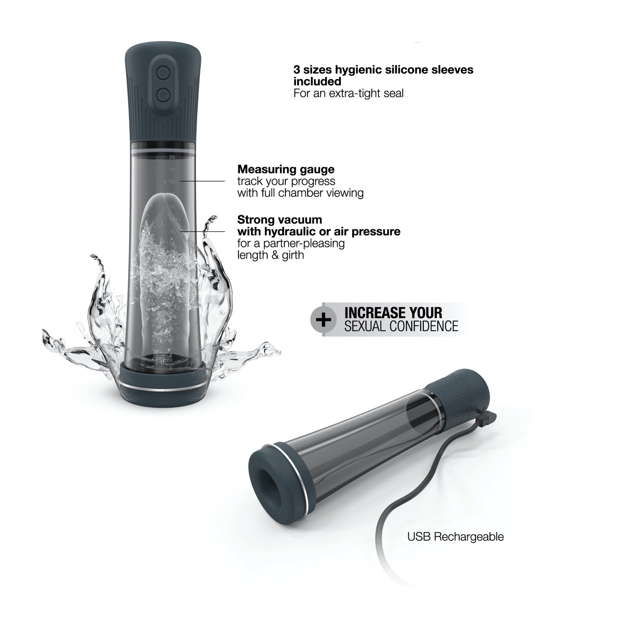 hydro penis pump shown with specs