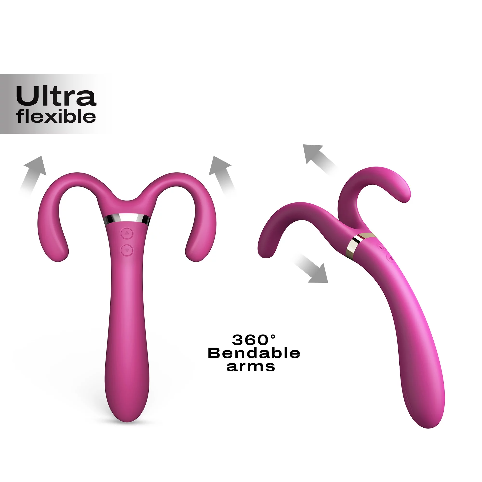 purple vibrator with fortlike head showing bendable arms