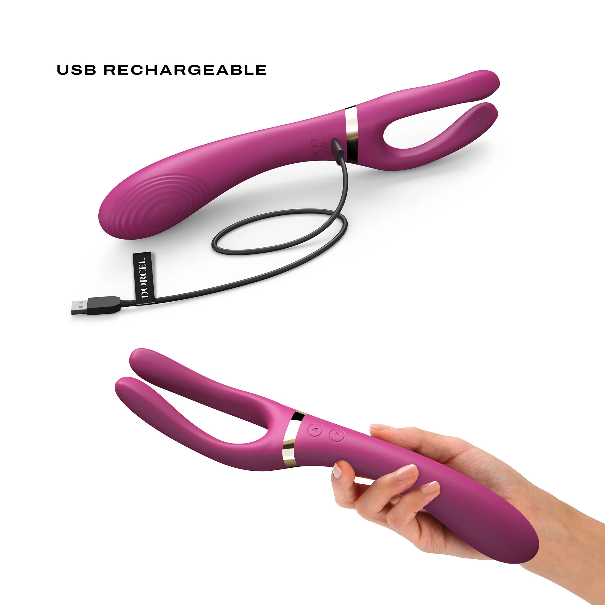 fork like vibrator showin with usb rechargeable and a hand holding the vibrator
