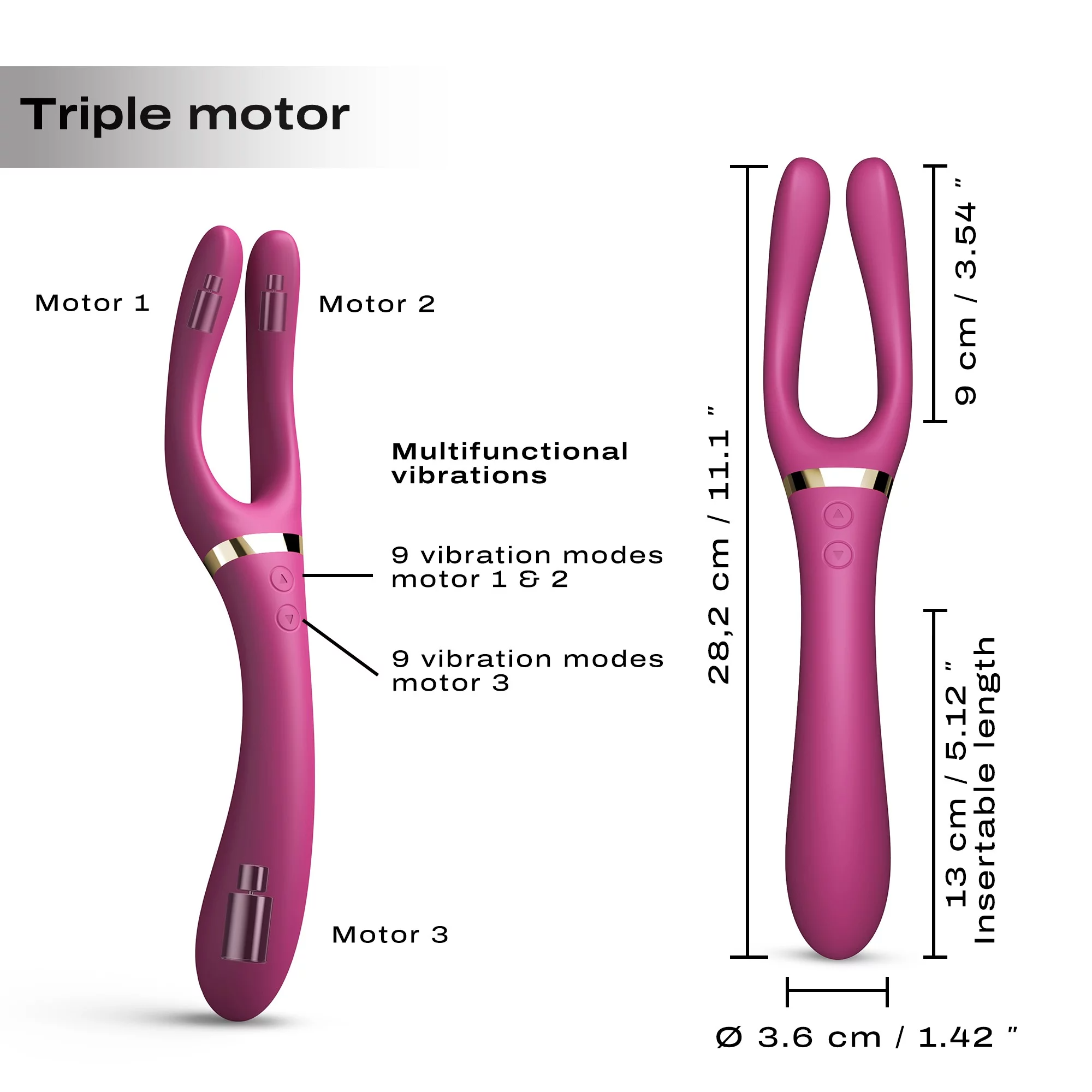 a fork shaped vibrator with size specs and a how to use guide