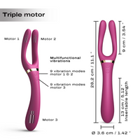 a fork shaped vibrator with size specs and a how to use guide