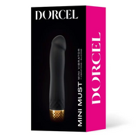 black vibrator with penis head shape top, gold bottom. on black and pink box packaging