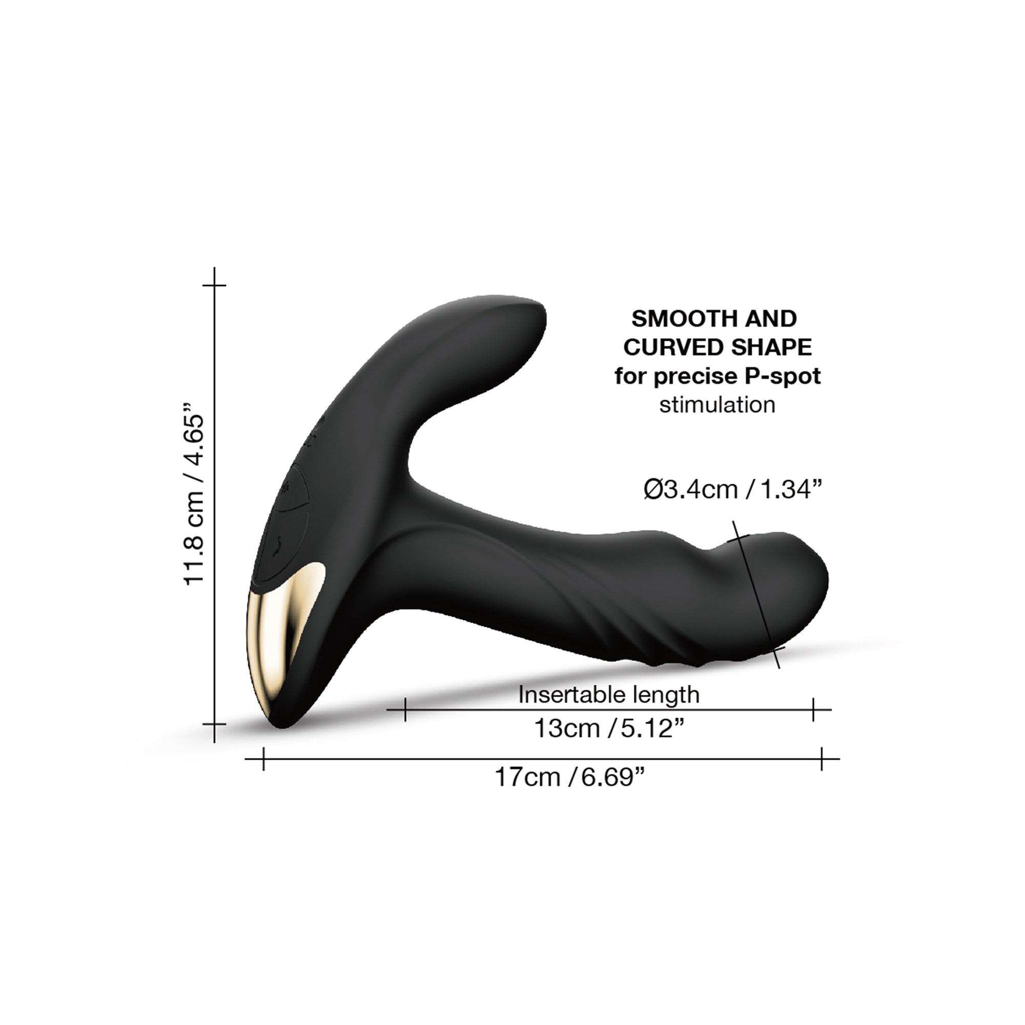 black anal plug with gold plate showin with size specs