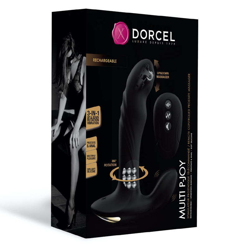black anal plug with inner beads with remote control shown on box packaging