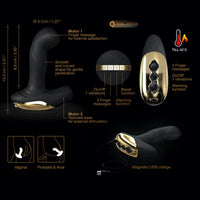 Product details of a black and gold device with text and icons on a black background