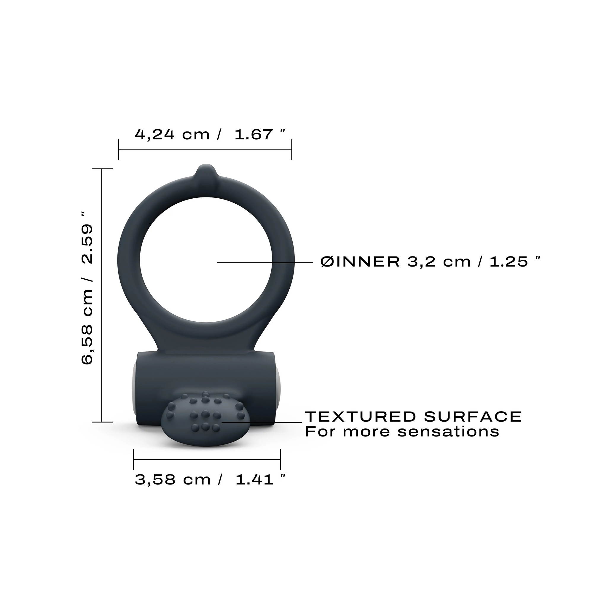 Black ring with measurements and text on a white background