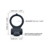 Black ring with measurements and text on a white background