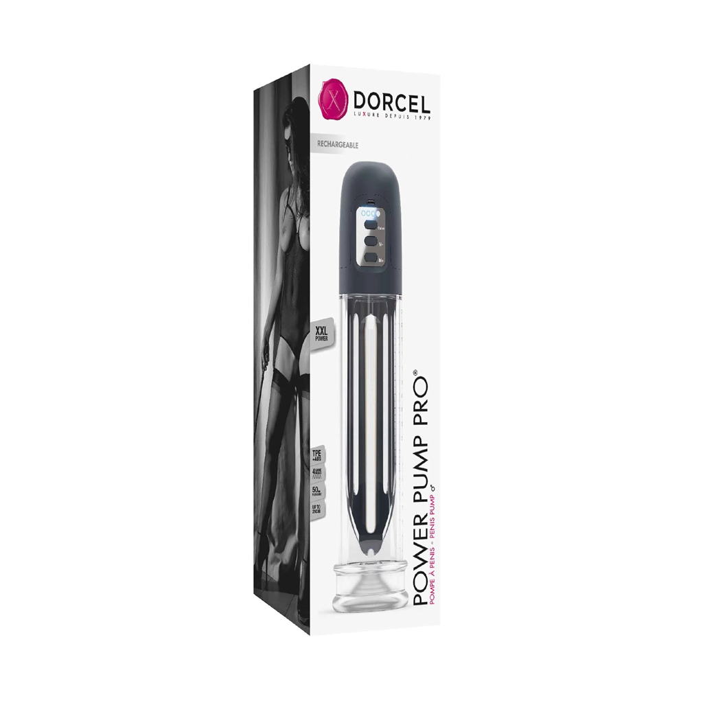 black and clear penis pump shown on box packaging