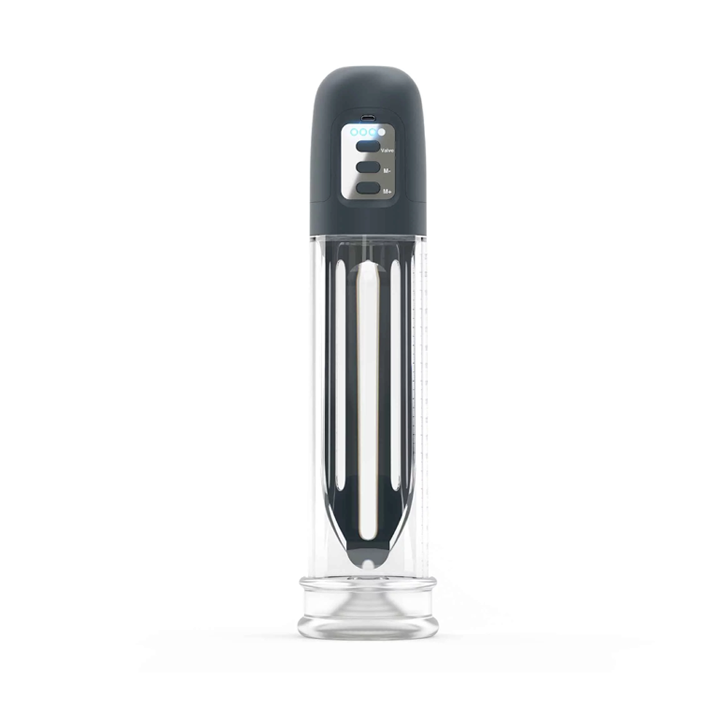black and clear penis pump on white background