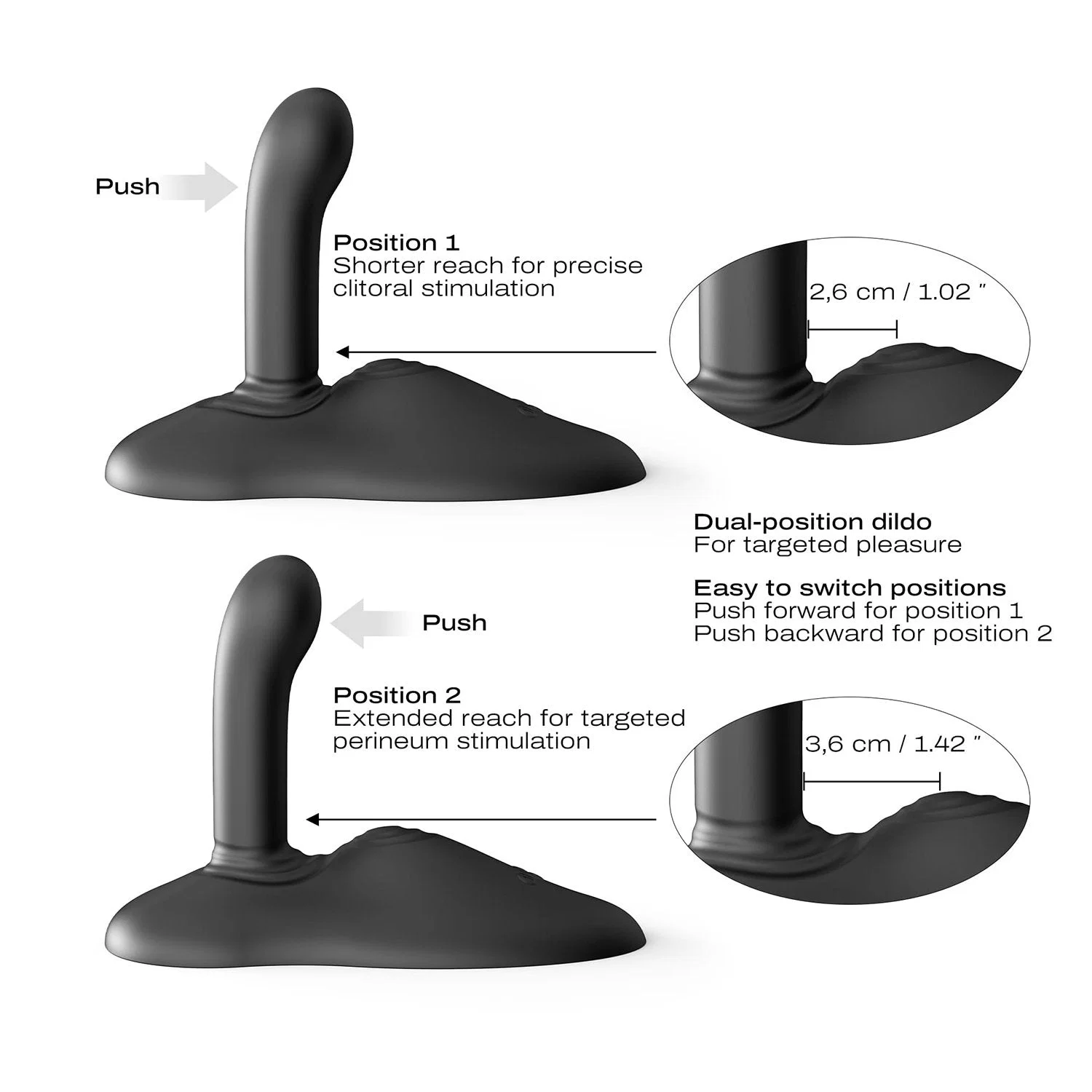 black grinding pad with thrusting dildo specs and size chart