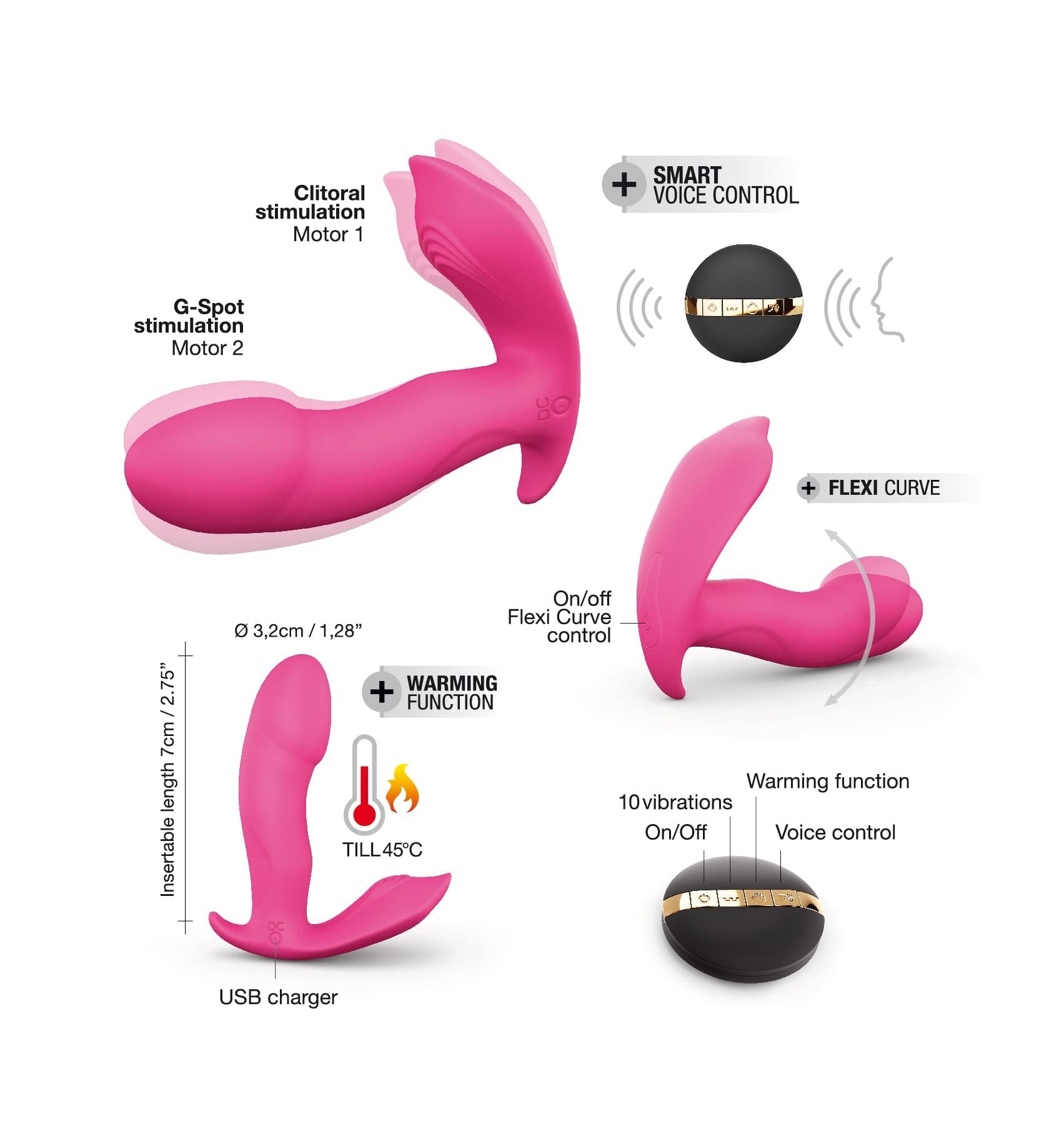 pink vibrator with clit stimulator with size specs and functions