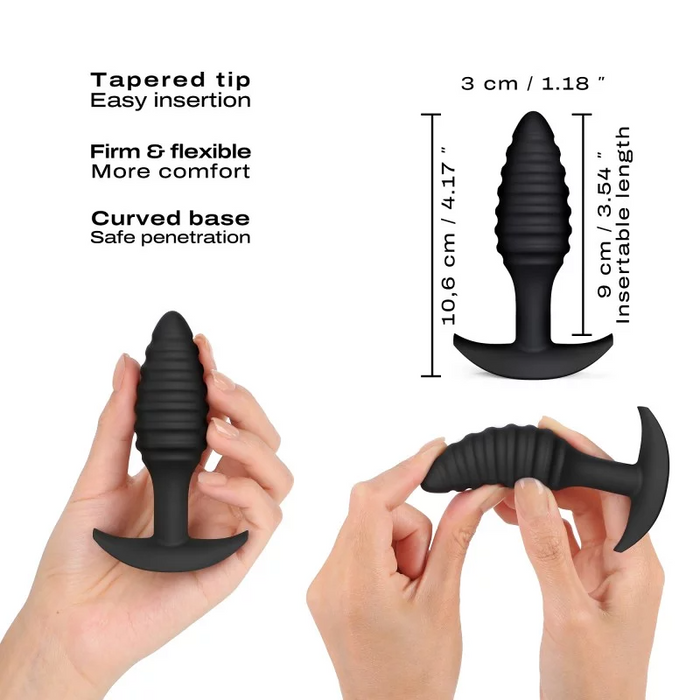 Black silicone butt plug with measurements and features on a white background