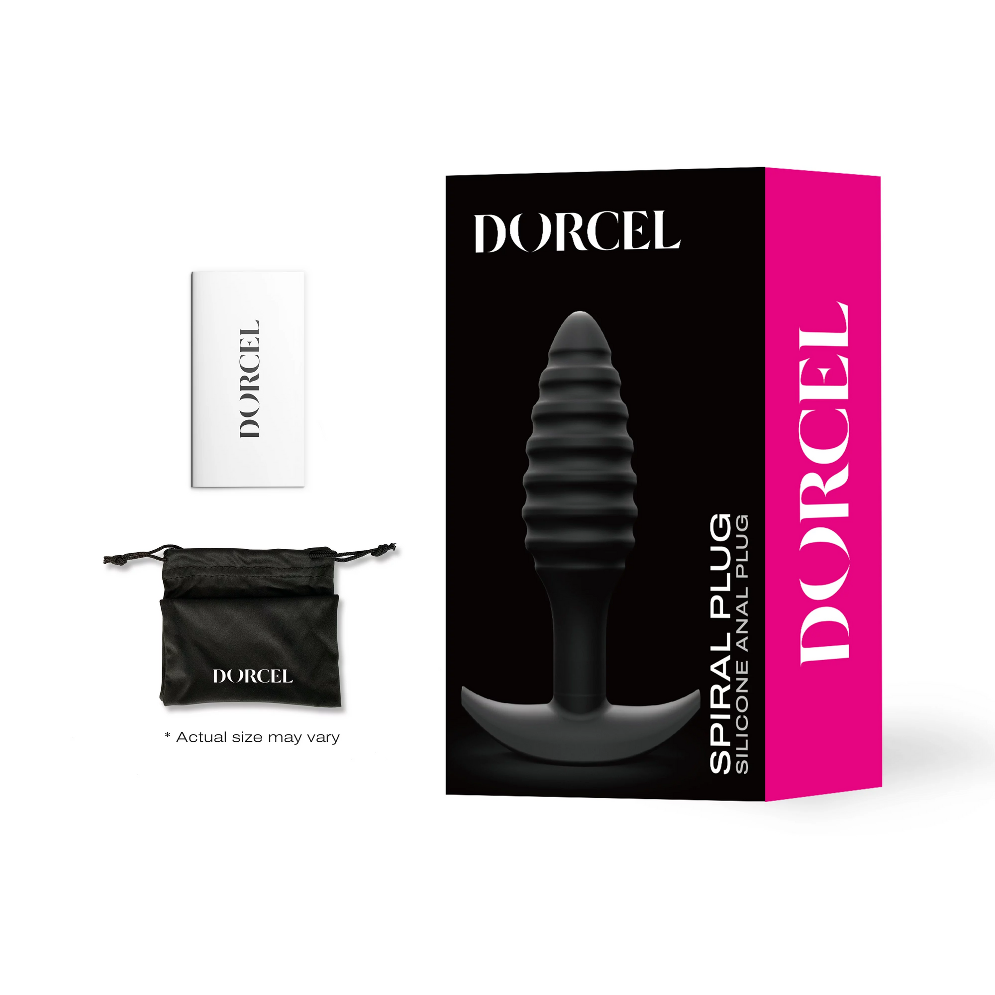 Dorcel spiral plug packaging with product and drawstring bag on a white background