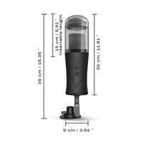 Black electronic device with measurements on a white background