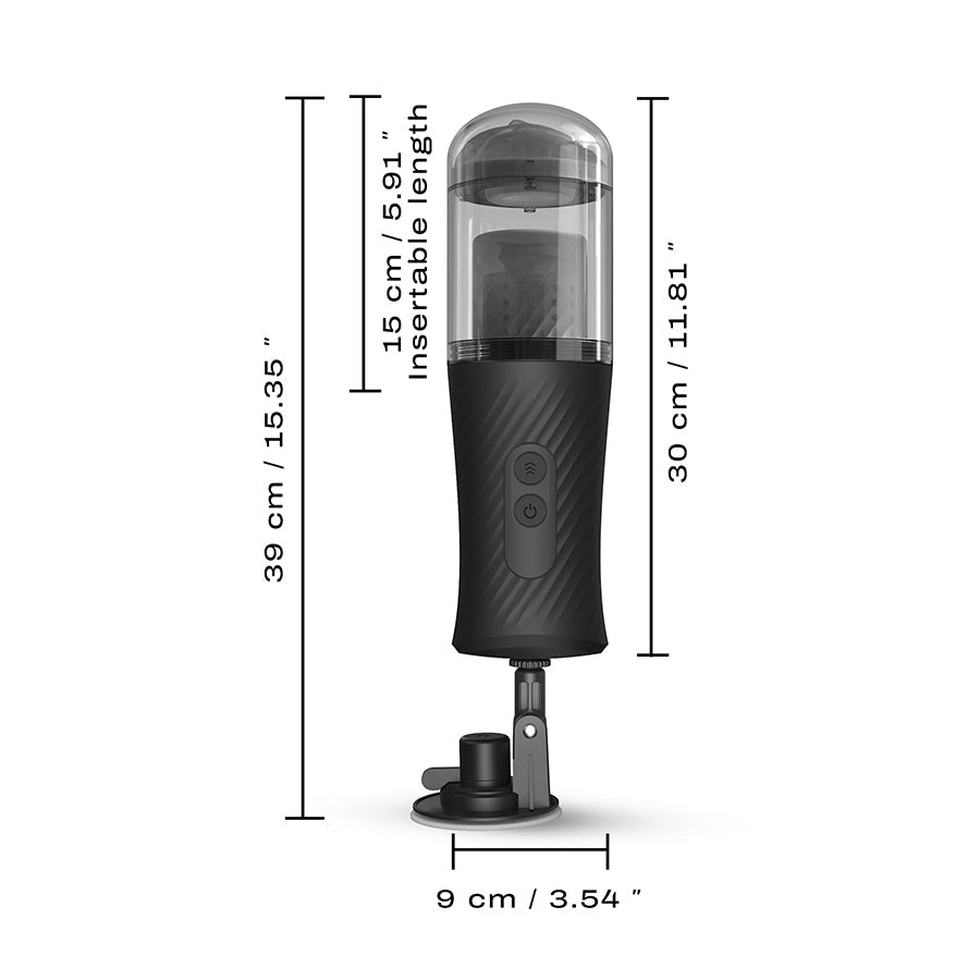 Black electronic device with measurements on a white background