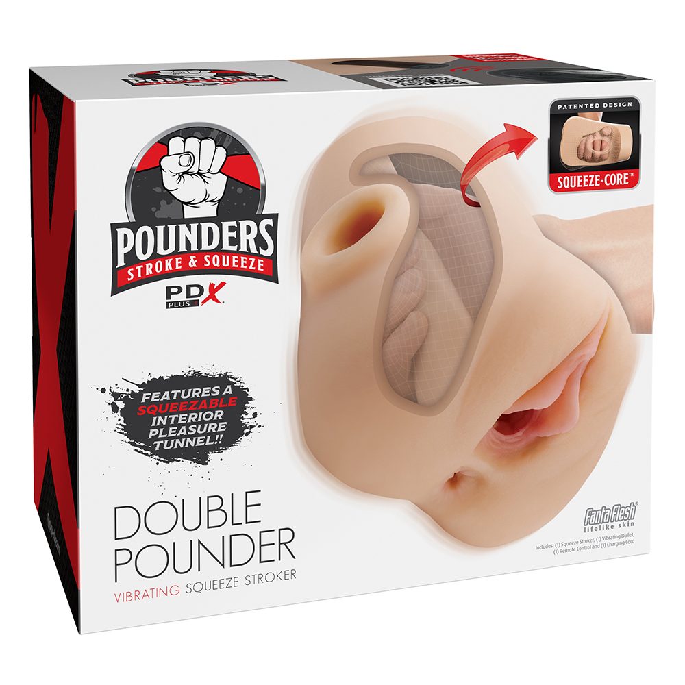 Pounders Double Pounder masturbator with product packaging on a white background