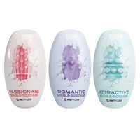 Three Pretty Love double-sided egg masturbators in different colors on a white background