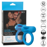 blue vibrating cock ring with bullet on top with numbs beside packaging