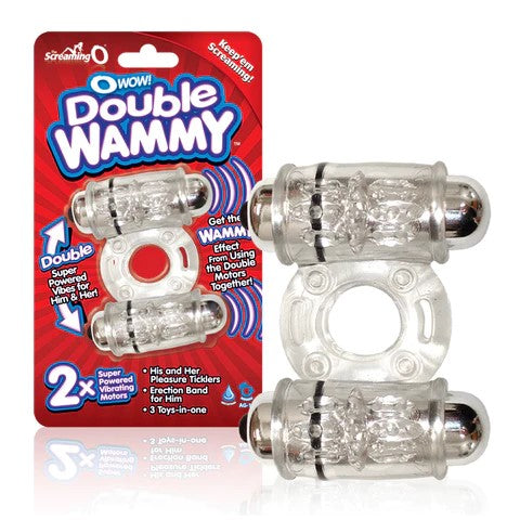 clear jelly cock ring with double bullets next to screaming o package