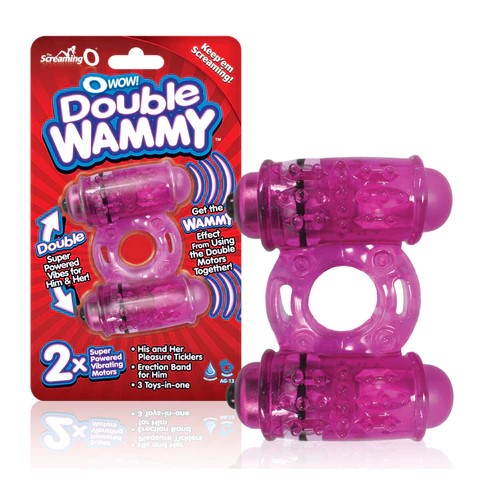 pink jelly cock ring with double bullet next to screaming o package