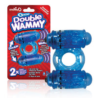 blue jelly cock ring with double bullet next to screaming o package