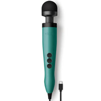 doxy vibrating massager with usb-c plug in, turquoise handle with head in black