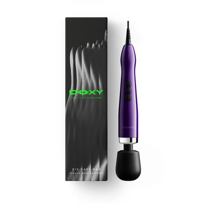 doxy die cast max plug in wand massager beside box packaging