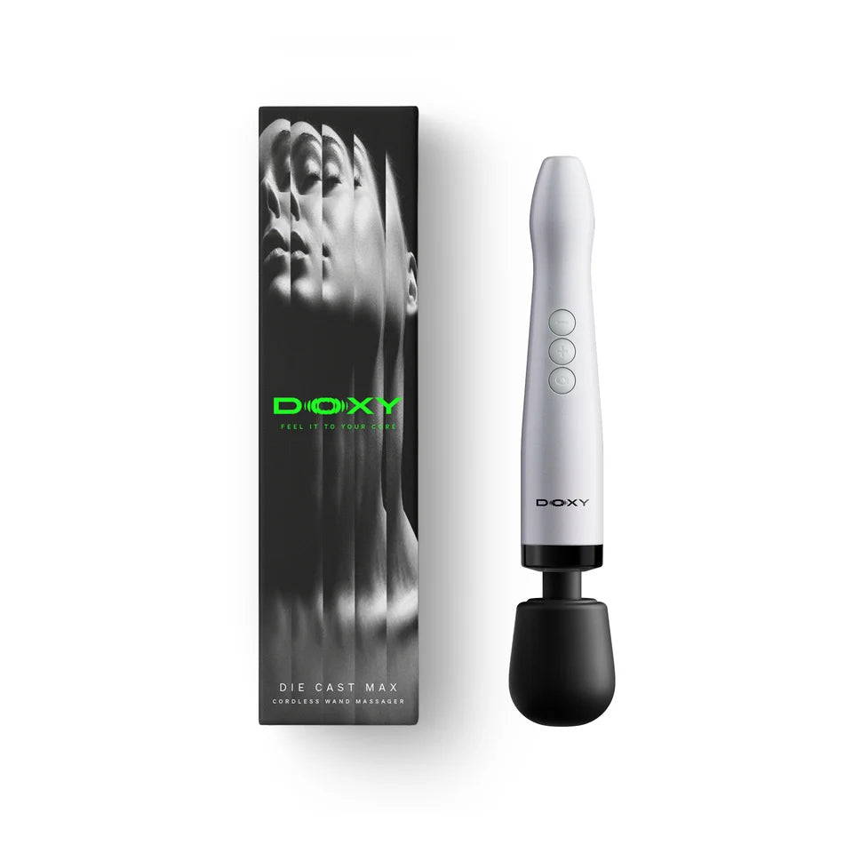 doxy die cast max plug in wand massager beside box packaging
