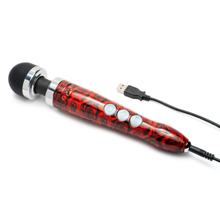 doxy wand with red roses handle and usb charger