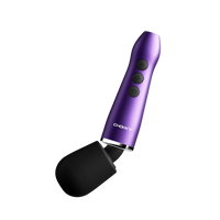 A purple DOXY wand massager with a black silicone tip, shown against a solid white background.