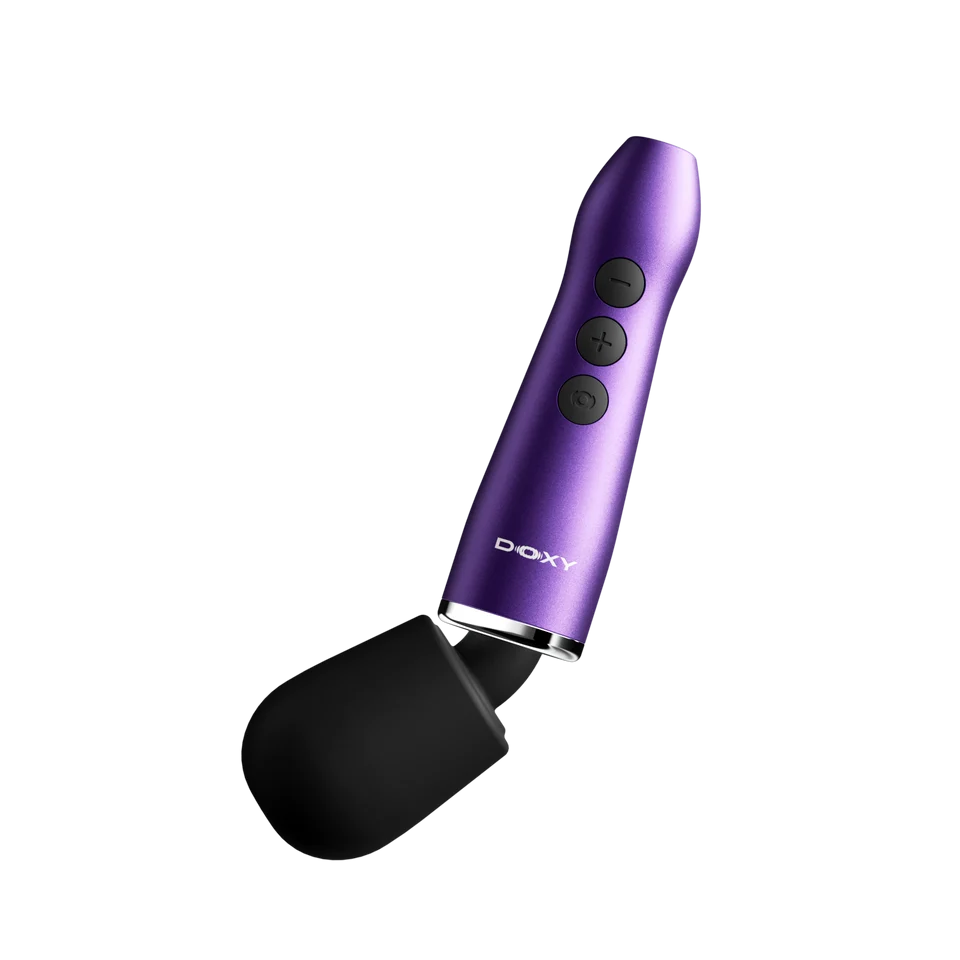 A purple DOXY wand massager with a black silicone tip, shown against a solid white background.