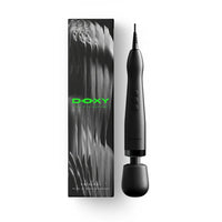 black doxy wand with plug in beside box packaging