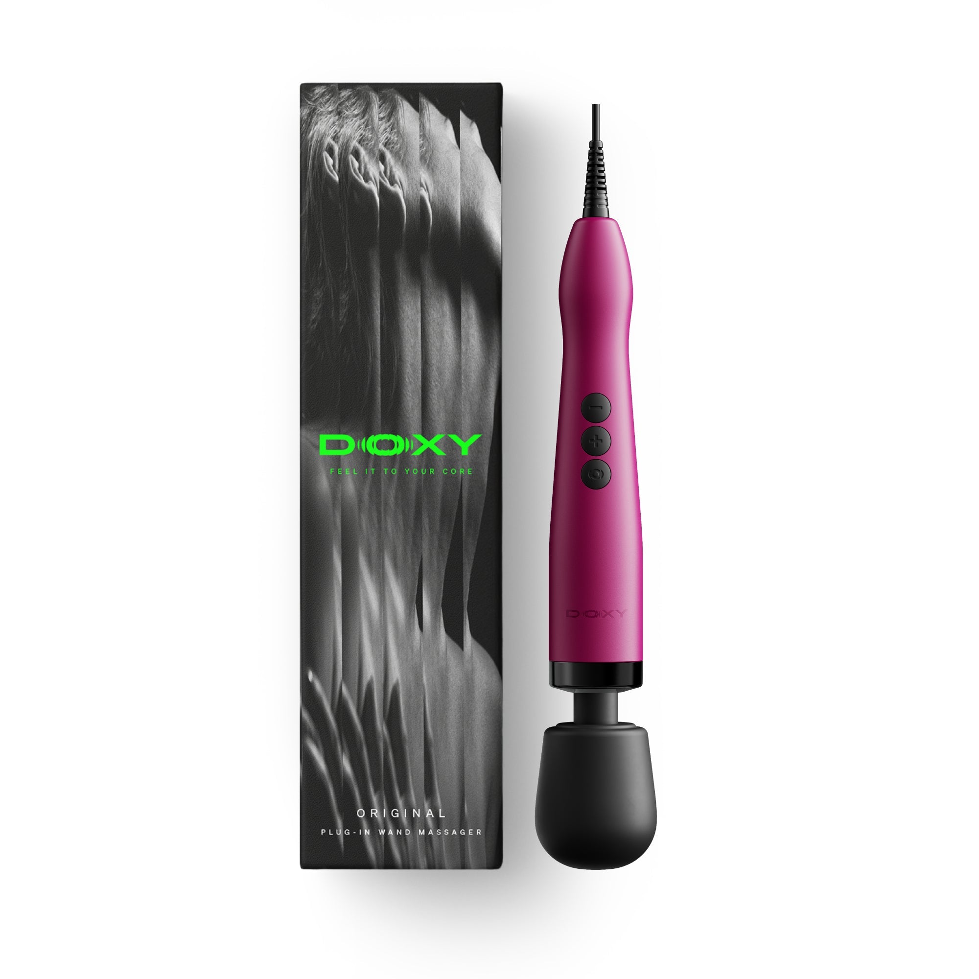 pink doxy wand with plug in beside box packaging