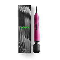 pink doxy wand with plug in beside box packaging